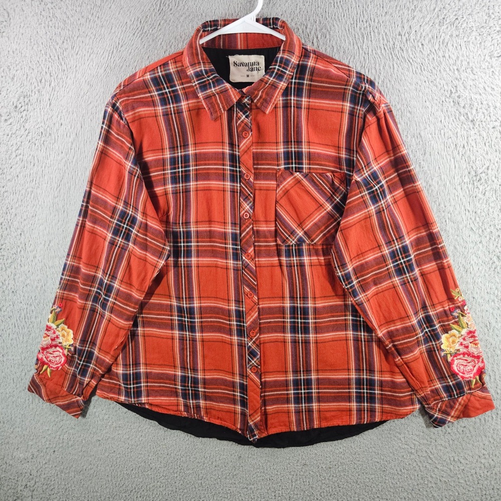 Savanna Jane Womens Red Plaid Embroidered Teepee Floral Button Up Shirt‎ Medium